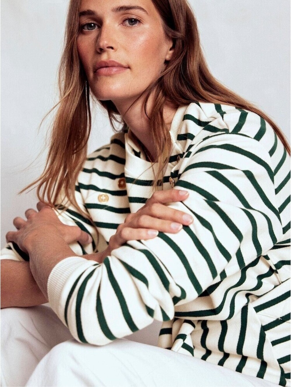 NWOT Boden Green & White Striped Button Shoulder Sweatshirt Size M - Picture 3 of 12